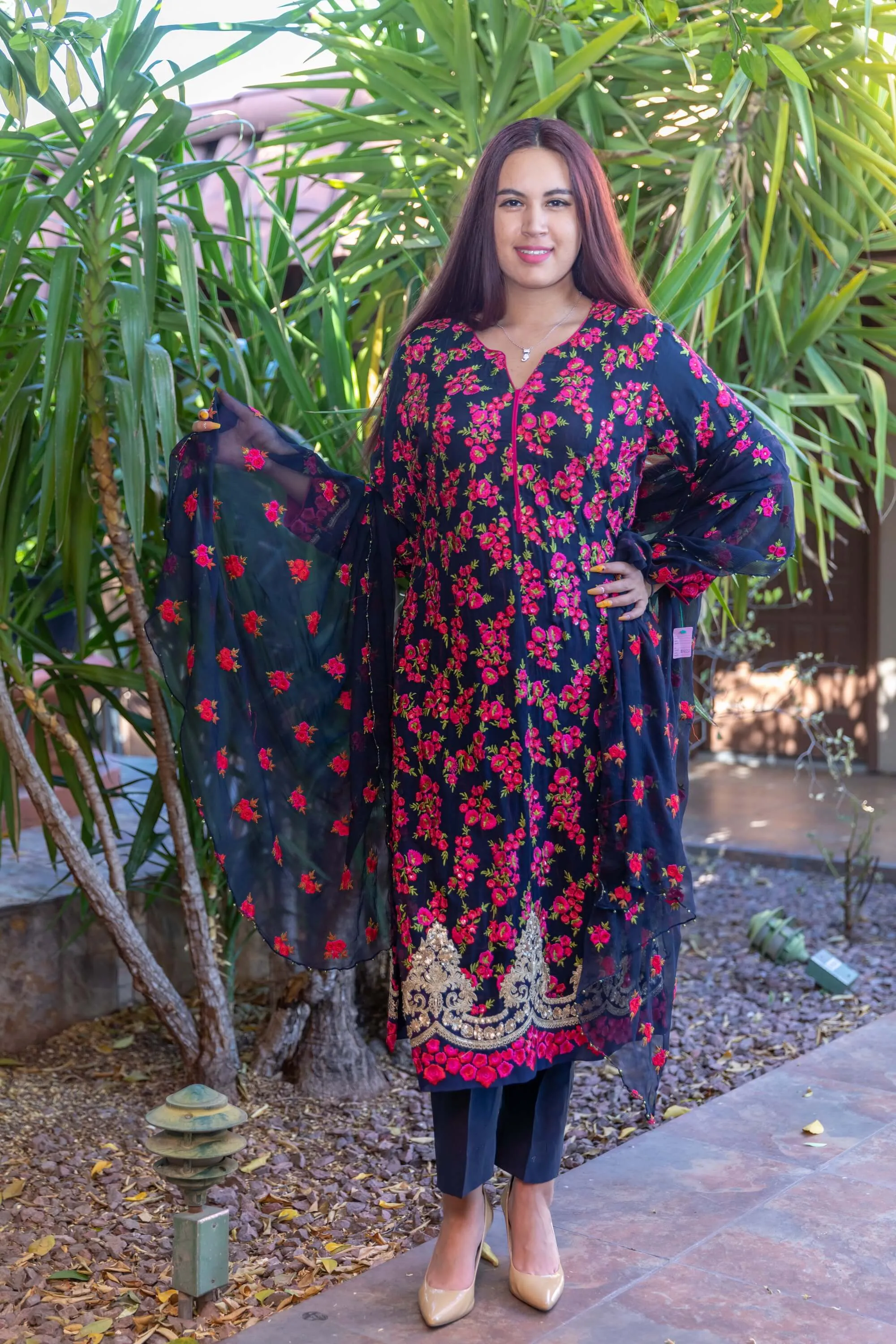 Navy Chiffon Embroider Suit with Silk Pants