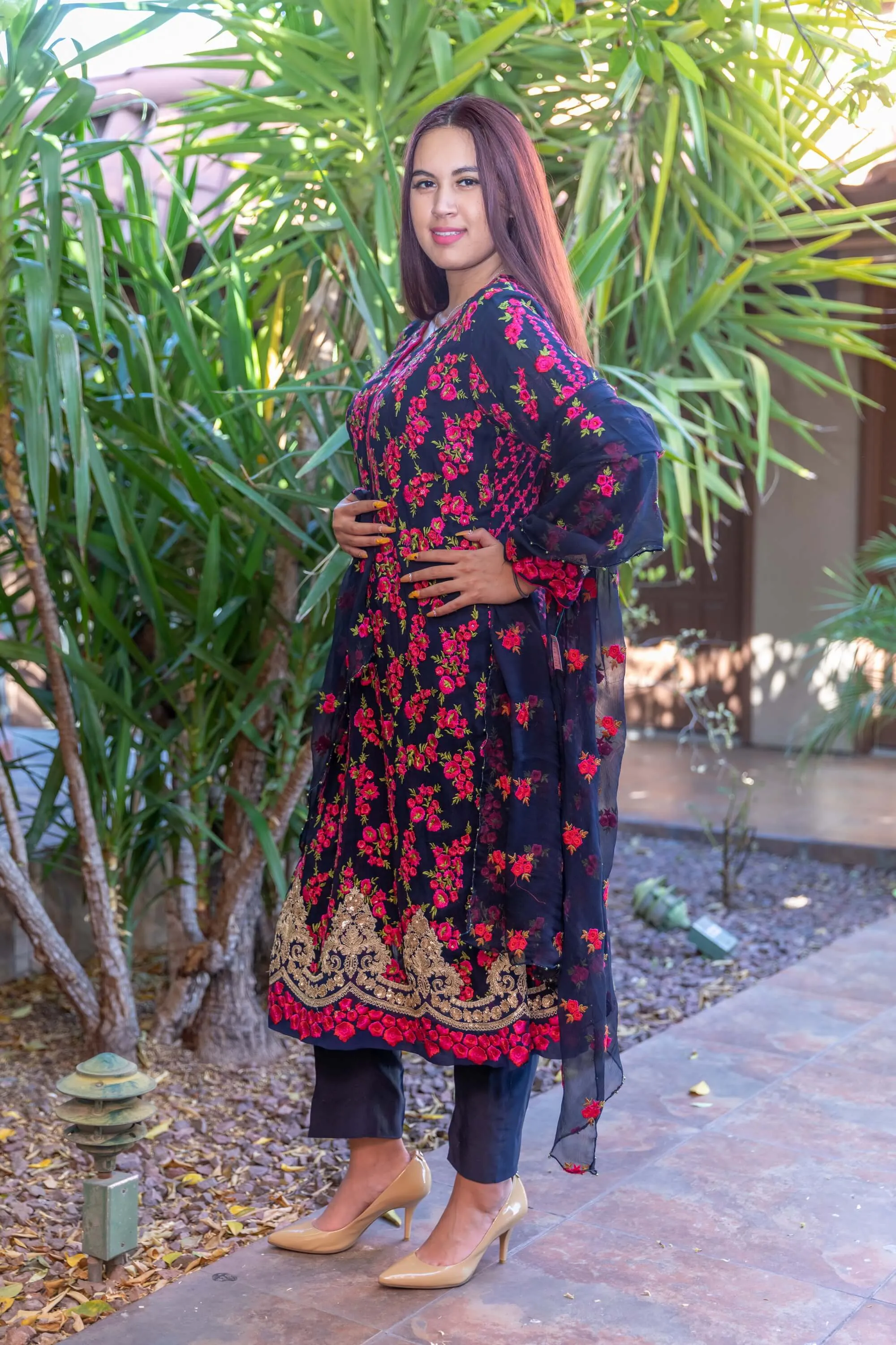 Navy Chiffon Embroider Suit with Silk Pants