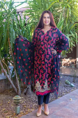 Navy Chiffon Embroider Suit with Silk Pants
