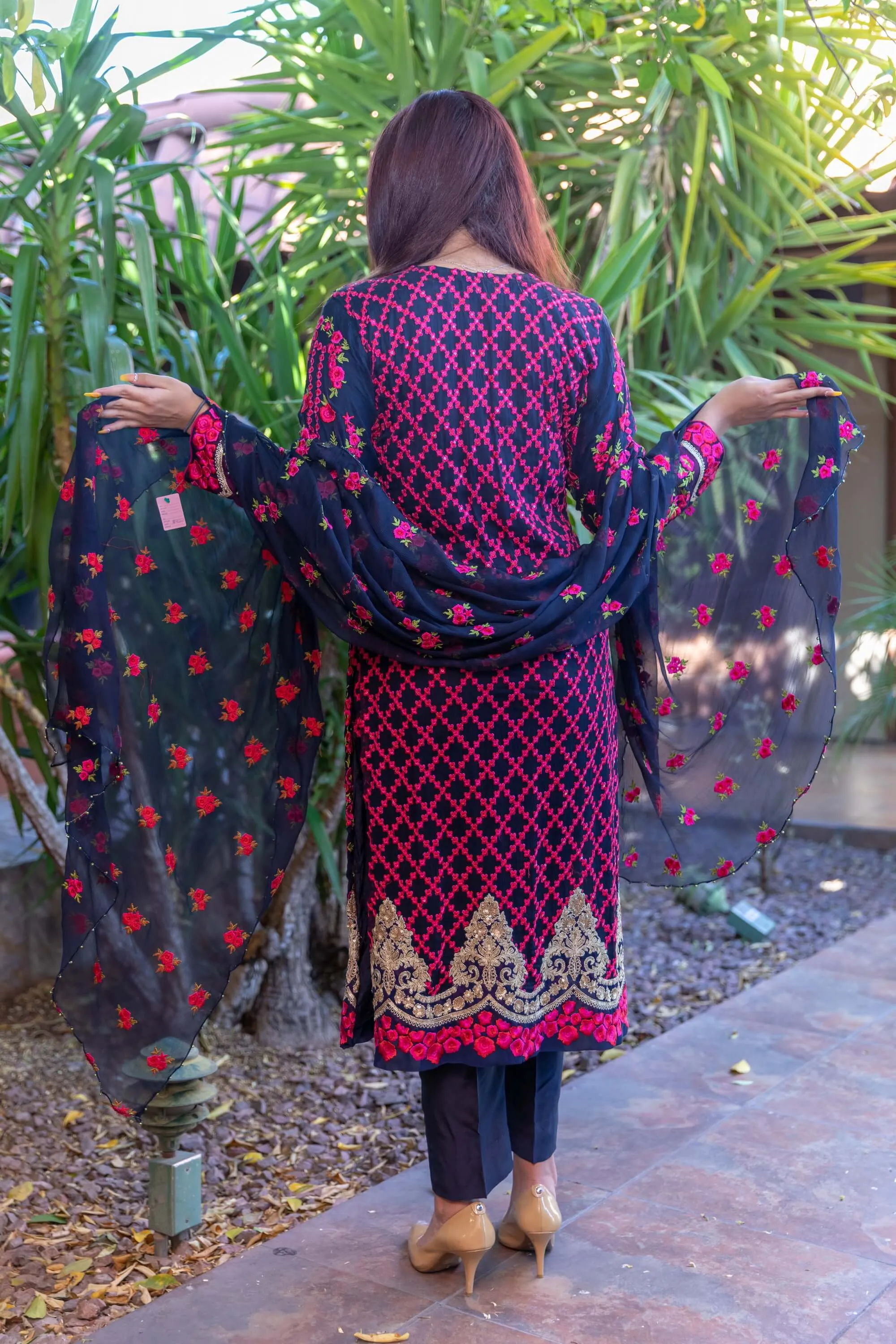 Navy Chiffon Embroider Suit with Silk Pants