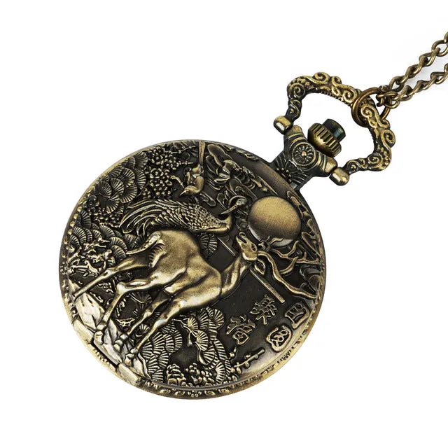 New Fashion Antique Bronze Steampunk Pocket Watch Animal Milu Deer Quartz Mechanical Watch Pendant Necklace Chain
