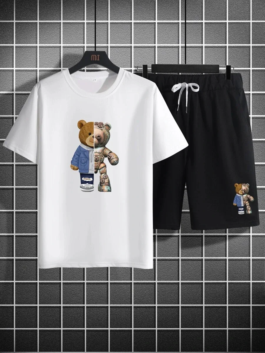 New SHEIN Men Cartoon Graphic Tee & Drawstring Waist Shorts, Sz L