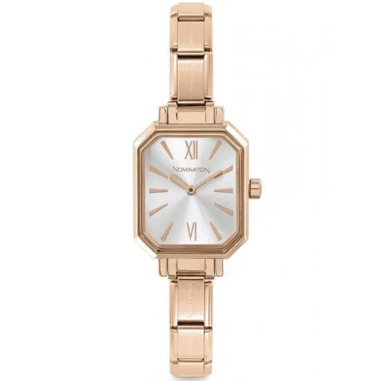 Nomination Watches- Stainless Steel With Rose Gold Electrplating Paris Rectangular Watch With Silver Face