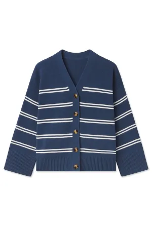 Nora Cotton Cardigan in Navy Ivory Stripe