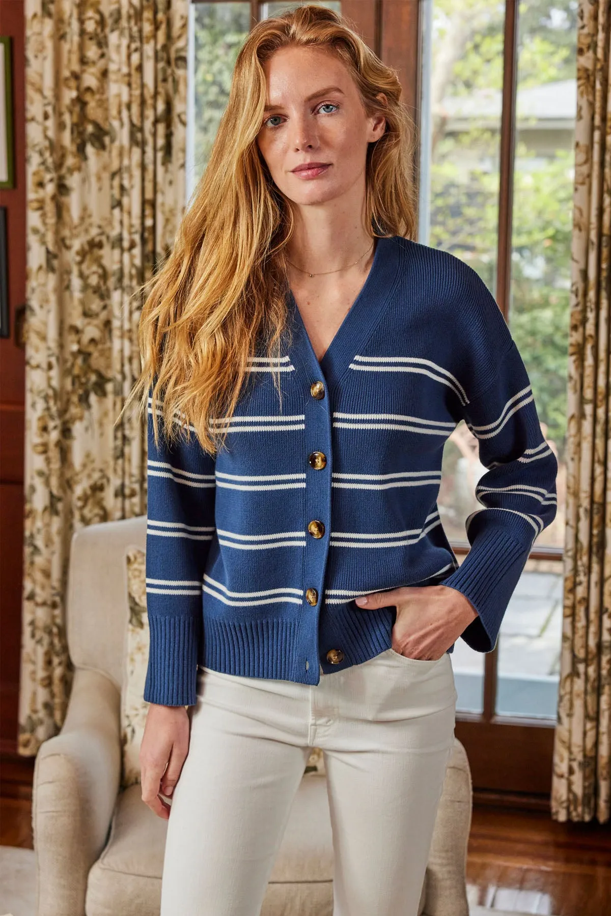 Nora Cotton Cardigan in Navy Ivory Stripe