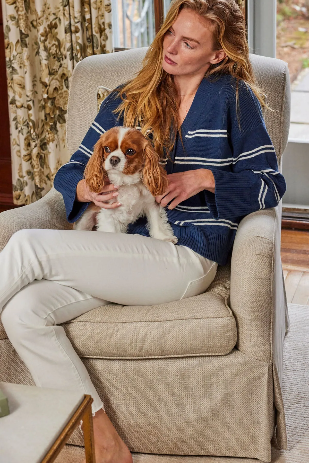 Nora Cotton Cardigan in Navy Ivory Stripe