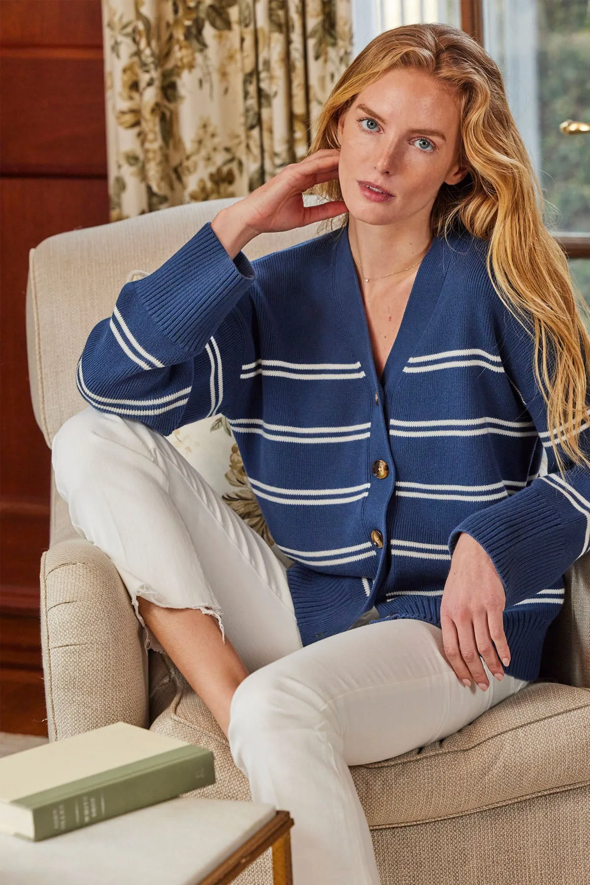 Nora Cotton Cardigan in Navy Ivory Stripe