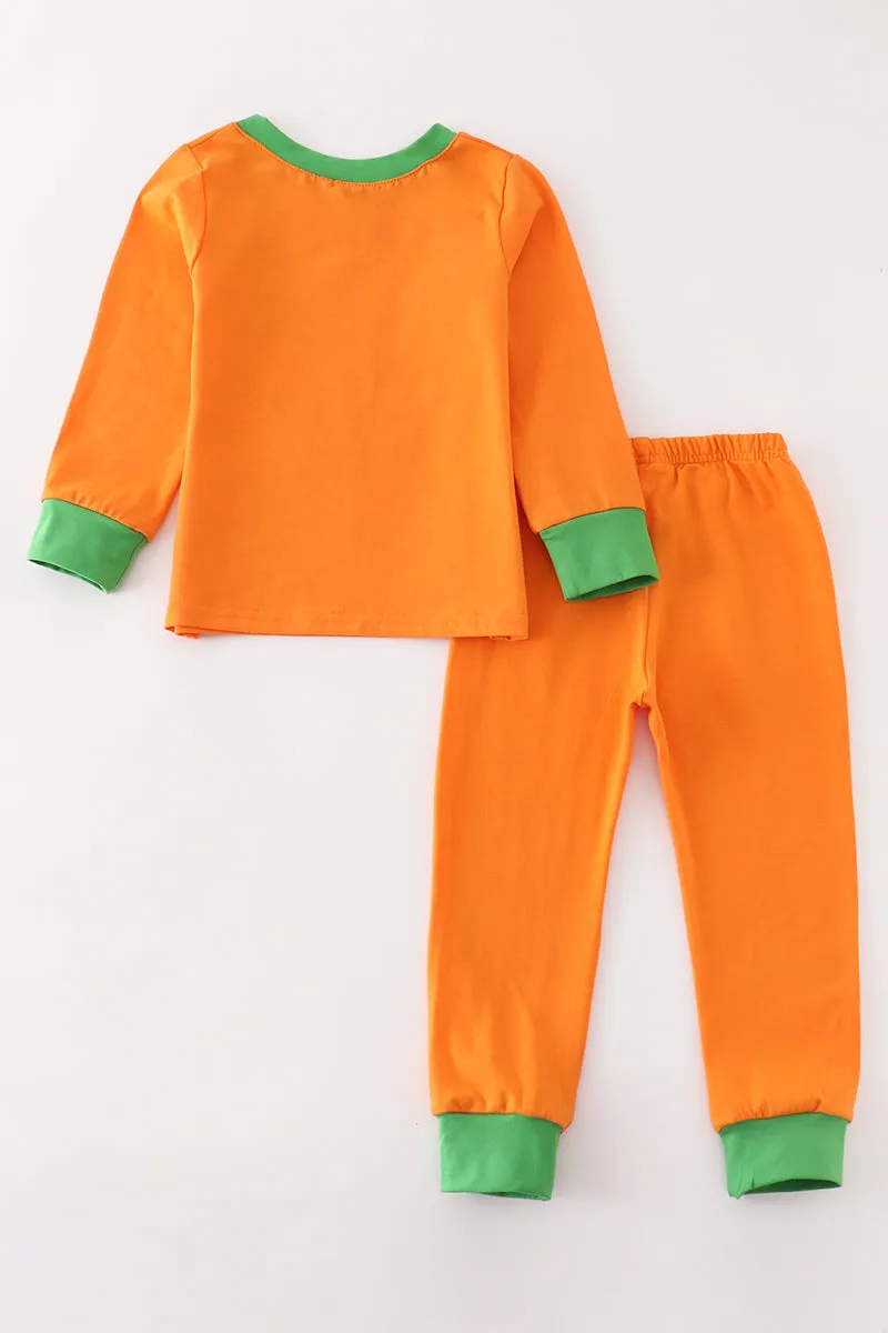 Orange Halloween Embroidery Boy Pajamas Set