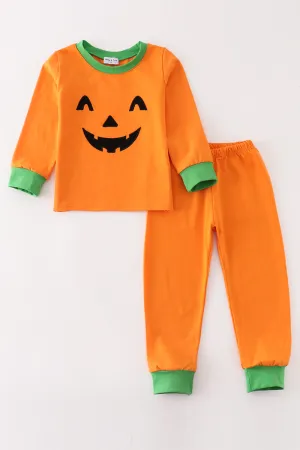 Orange Halloween Embroidery Boy Pajamas Set
