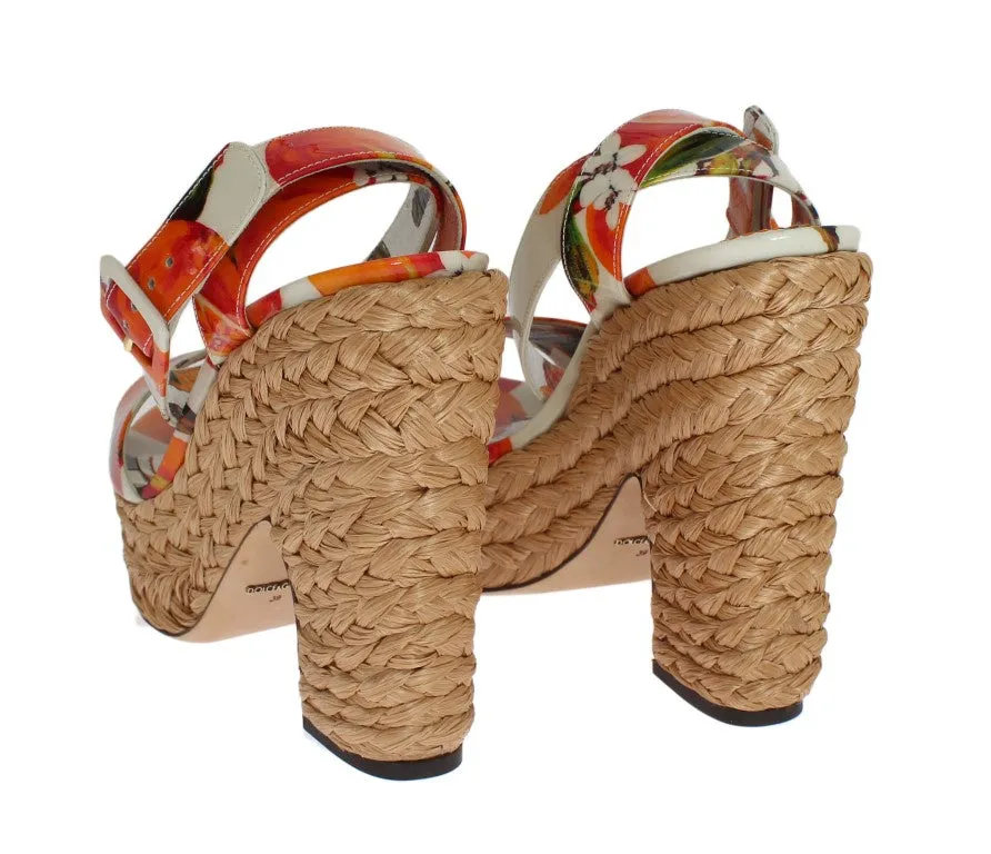 Orange Leather Straw Platform Sandals