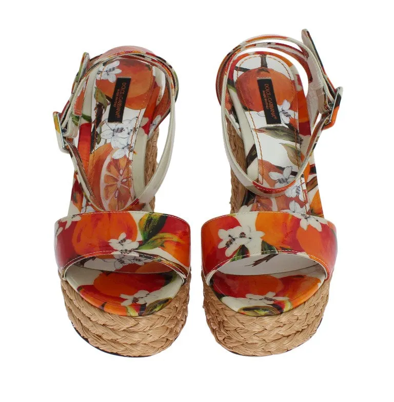 Orange Leather Straw Platform Sandals