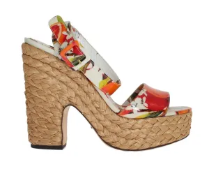 Orange Leather Straw Platform Sandals