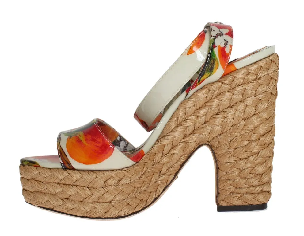 Orange Leather Straw Platform Sandals