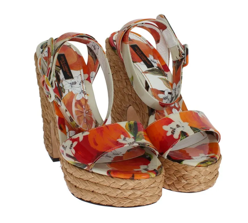 Orange Leather Straw Platform Sandals