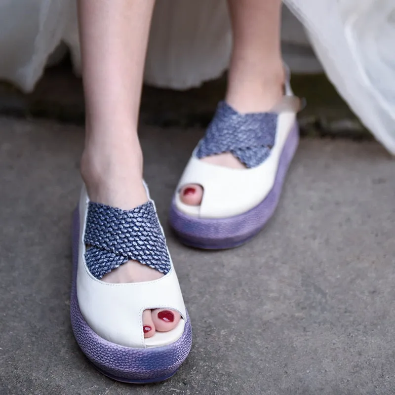 Origional Wedge Heels Platform Women Shoes Peep-toe Sandals Genuine Leather Handmade Shallow Mouth Shoes New
