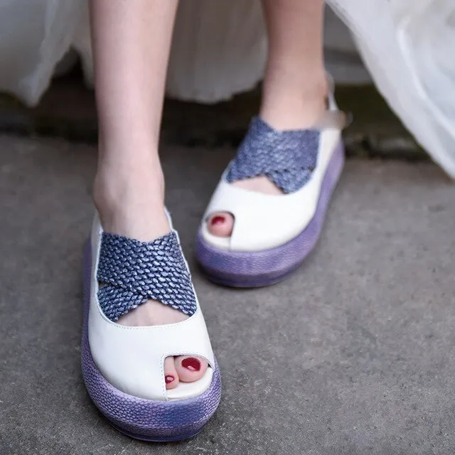 Origional Wedge Heels Platform Women Shoes Peep-toe Sandals Genuine Leather Handmade Shallow Mouth Shoes New