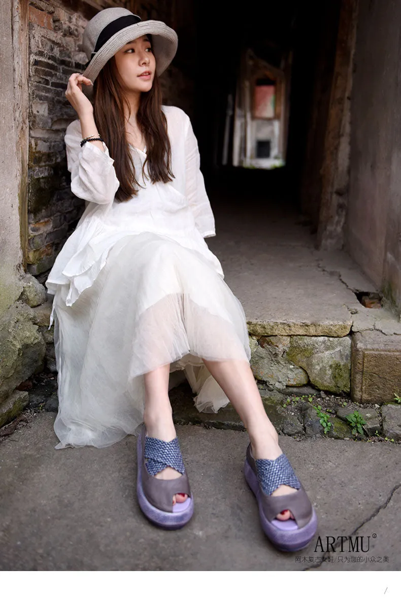 Origional Wedge Heels Platform Women Shoes Peep-toe Sandals Genuine Leather Handmade Shallow Mouth Shoes New
