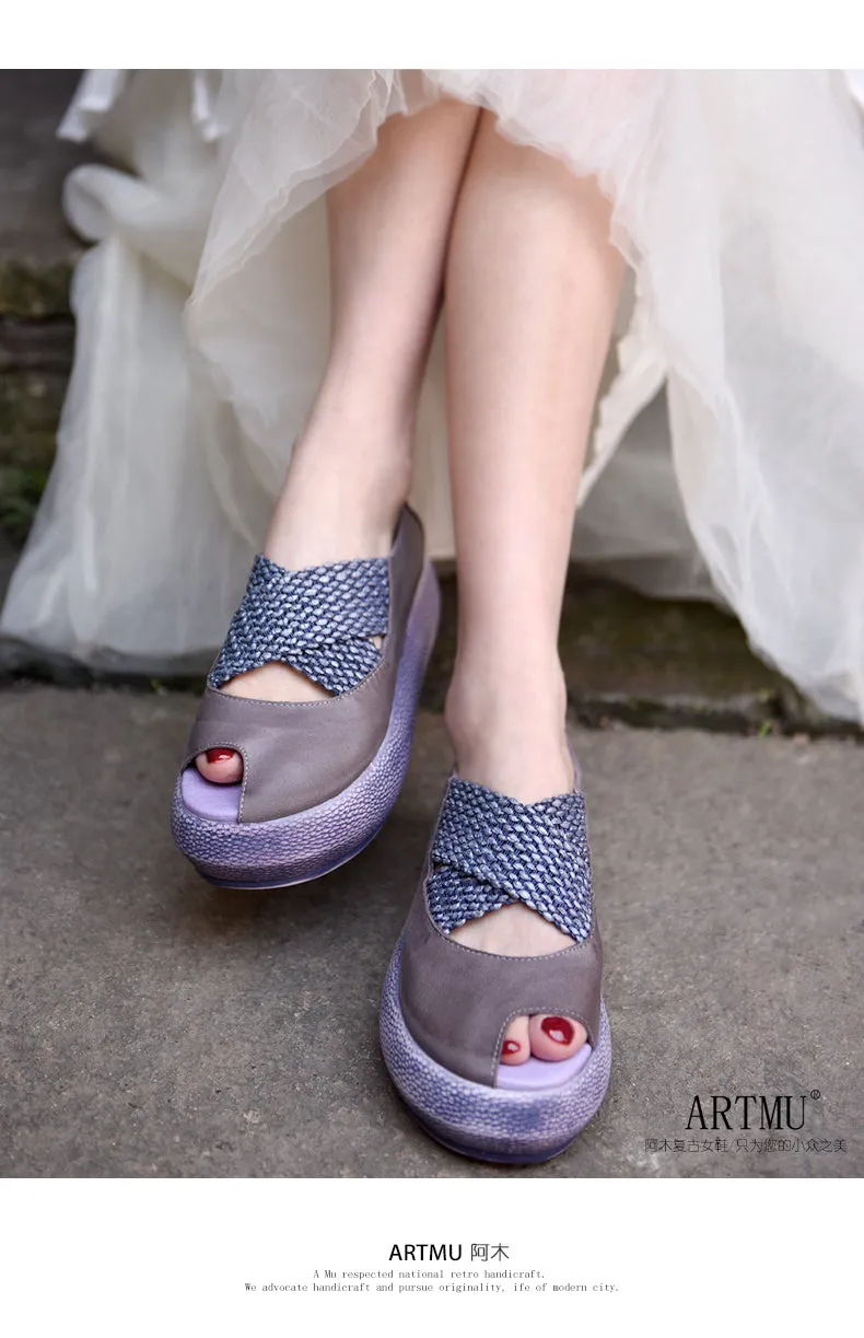 Origional Wedge Heels Platform Women Shoes Peep-toe Sandals Genuine Leather Handmade Shallow Mouth Shoes New
