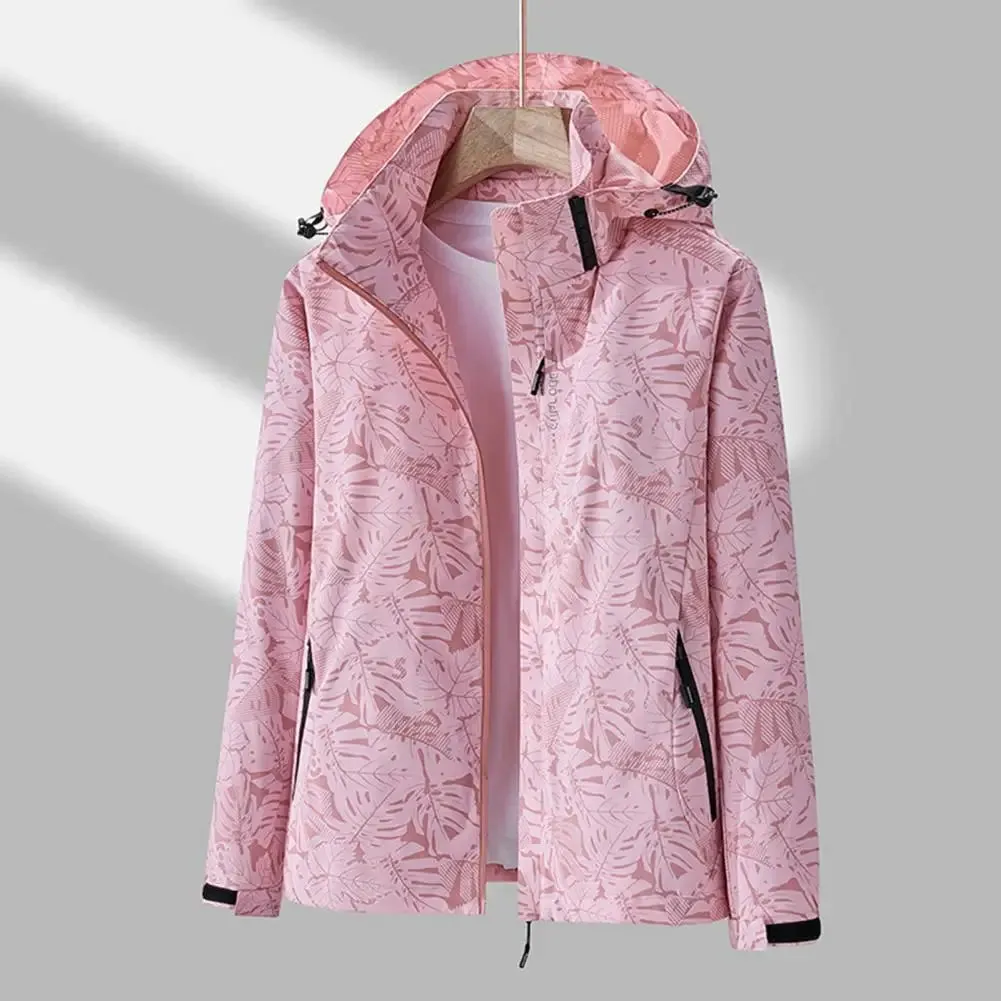 Outdoor Women Coat Leaf Print Waterproof Windbreaker for Women Stylish Hooded Jacket with Zipper Pockets for Outdoor Activities