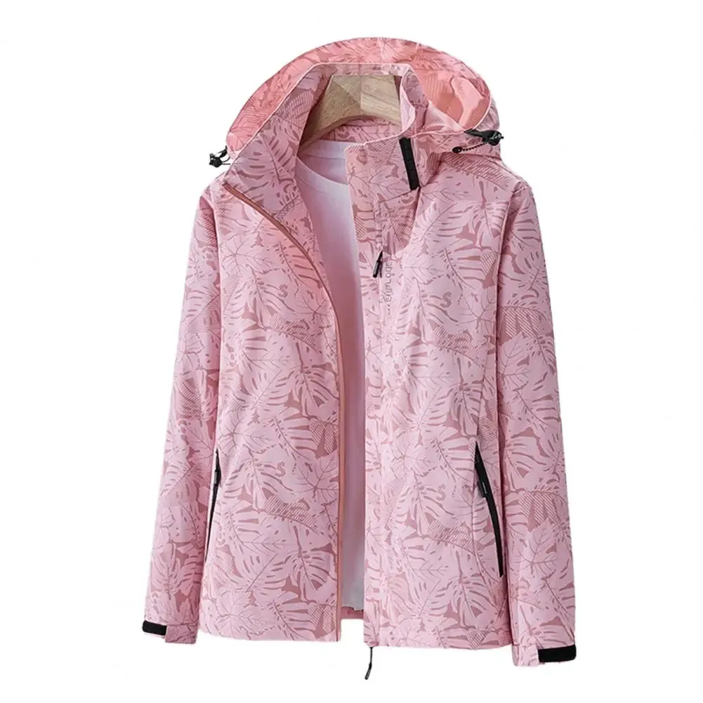 Outdoor Women Coat Leaf Print Waterproof Windbreaker for Women Stylish Hooded Jacket with Zipper Pockets for Outdoor Activities