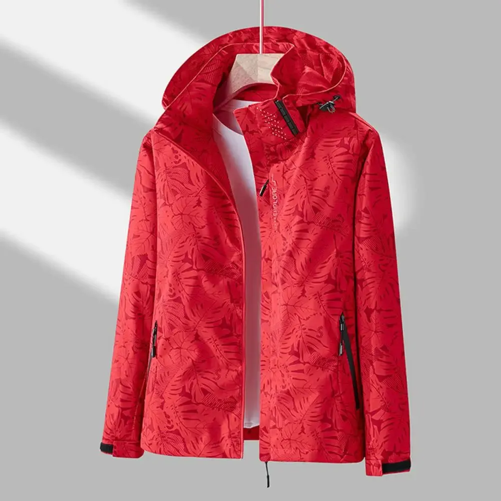 Outdoor Women Coat Leaf Print Waterproof Windbreaker for Women Stylish Hooded Jacket with Zipper Pockets for Outdoor Activities