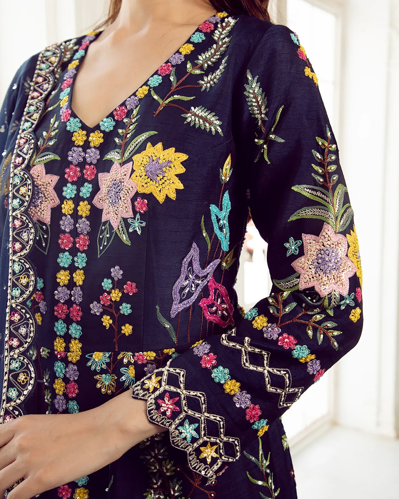 Oxford Blue Embroidered Front Slit Suit Set
