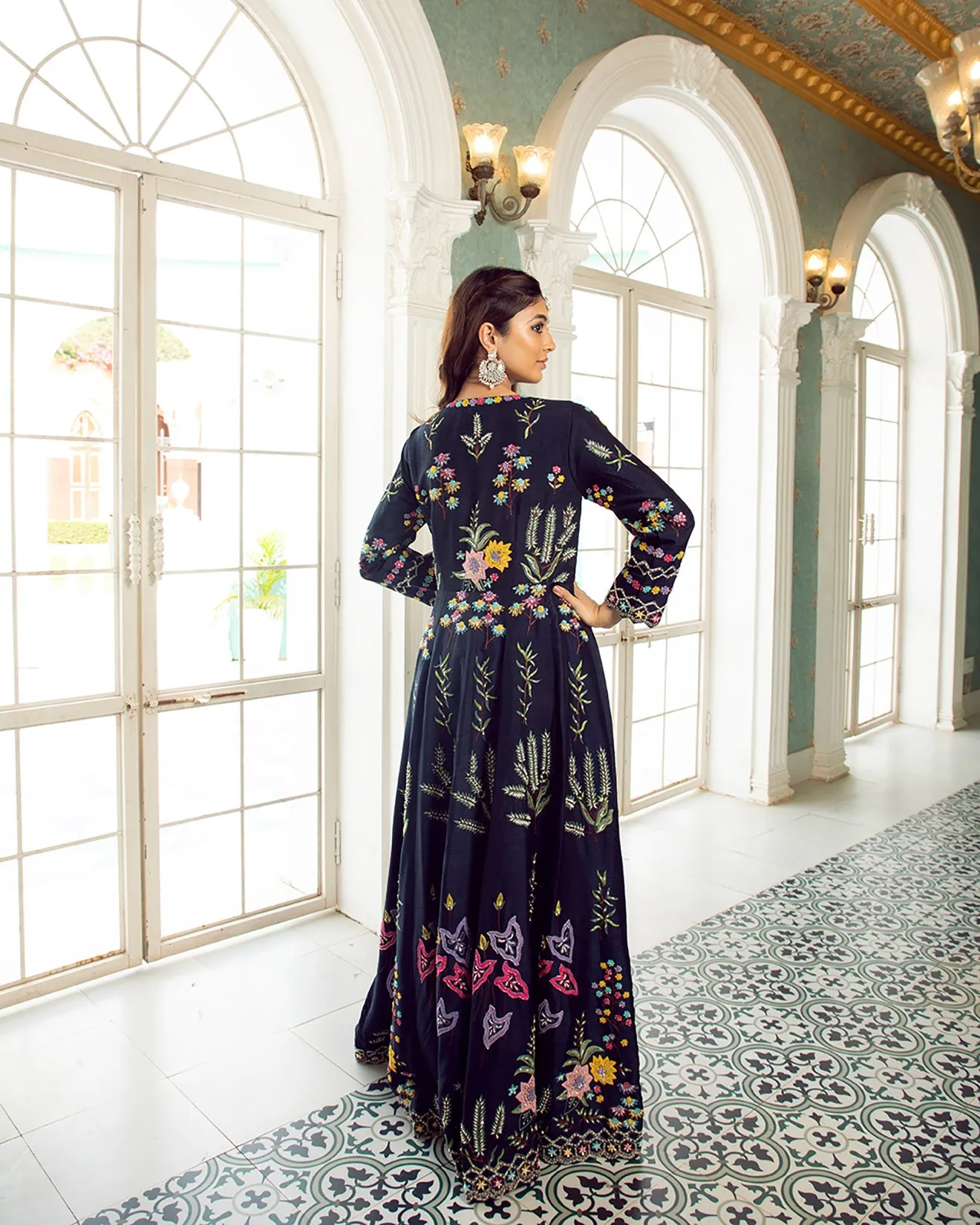 Oxford Blue Embroidered Front Slit Suit Set