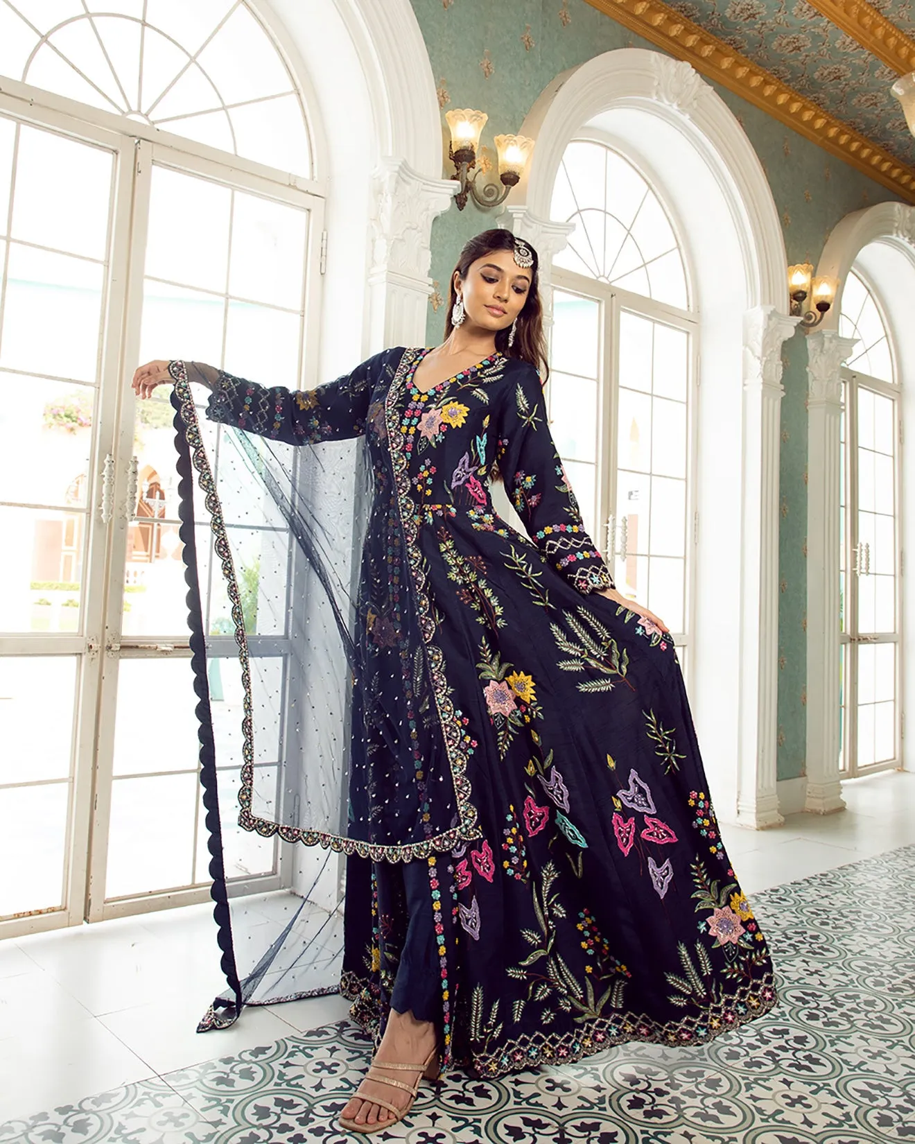 Oxford Blue Embroidered Front Slit Suit Set
