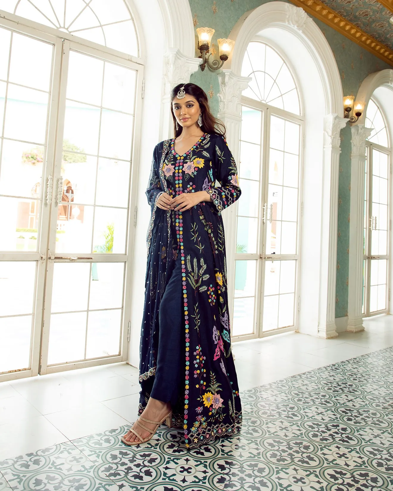 Oxford Blue Embroidered Front Slit Suit Set