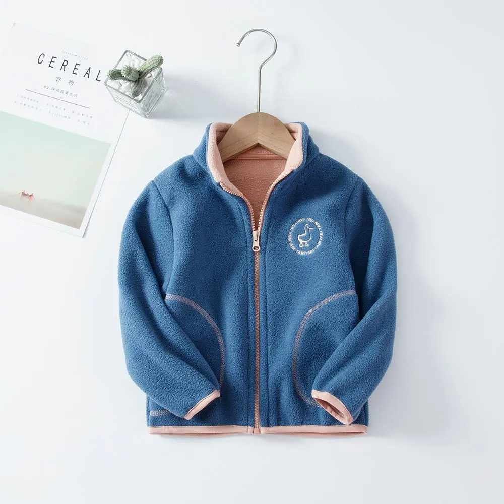 Padded Windproof Double Fleece Kids Jackets with Hood and Zipper for Boys and Girls