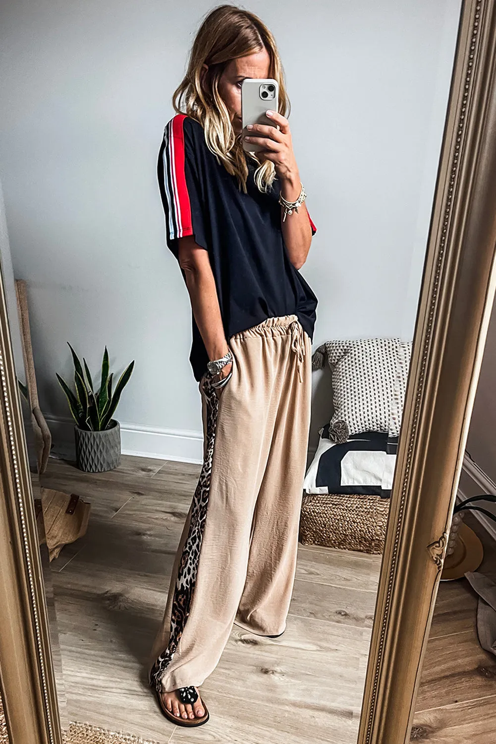 Parchment Leopard Patched Loose Drawstring High Waist Pants