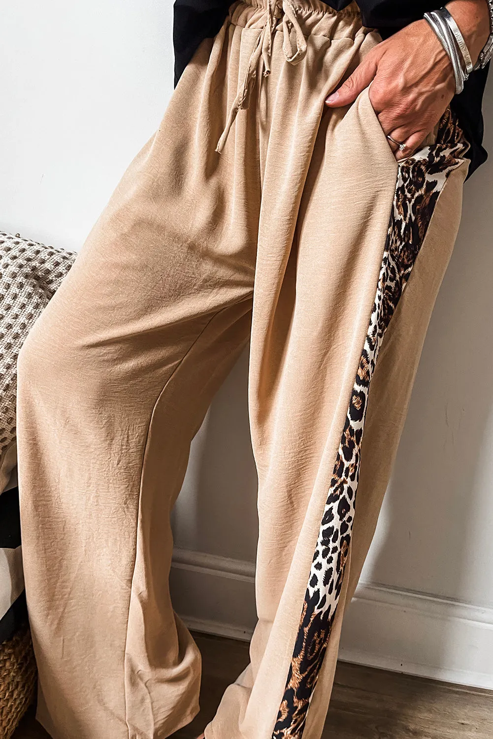 Parchment Leopard Patched Loose Drawstring High Waist Pants
