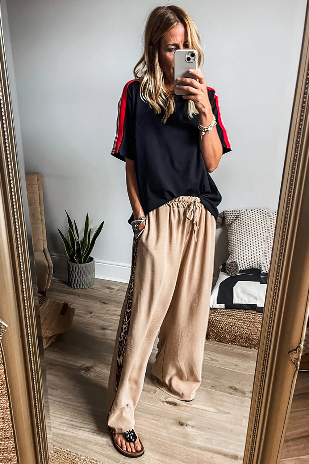 Parchment Leopard Patched Loose Drawstring High Waist Pants