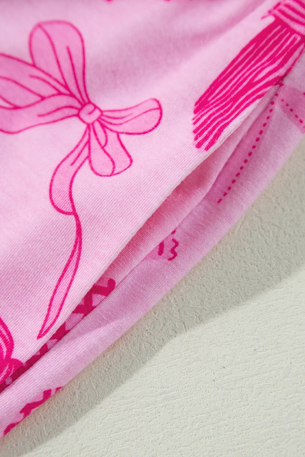Pink Bow Print Half Sleeve Shirt and Shorts Pajamas Set