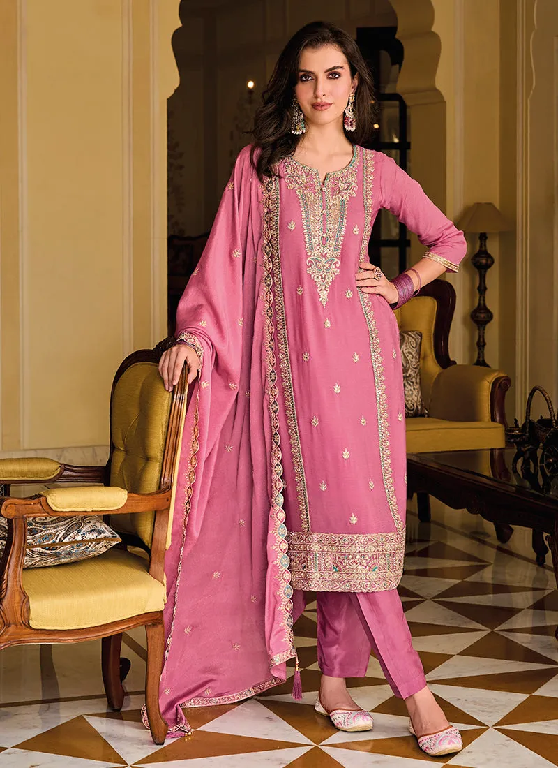 Pink Sequence Embroidery Designer Pant Style Suit