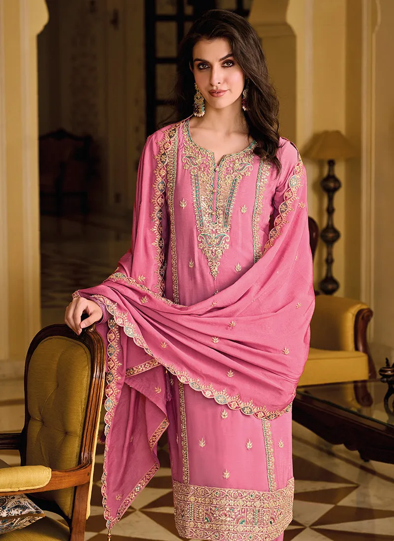 Pink Sequence Embroidery Designer Pant Style Suit