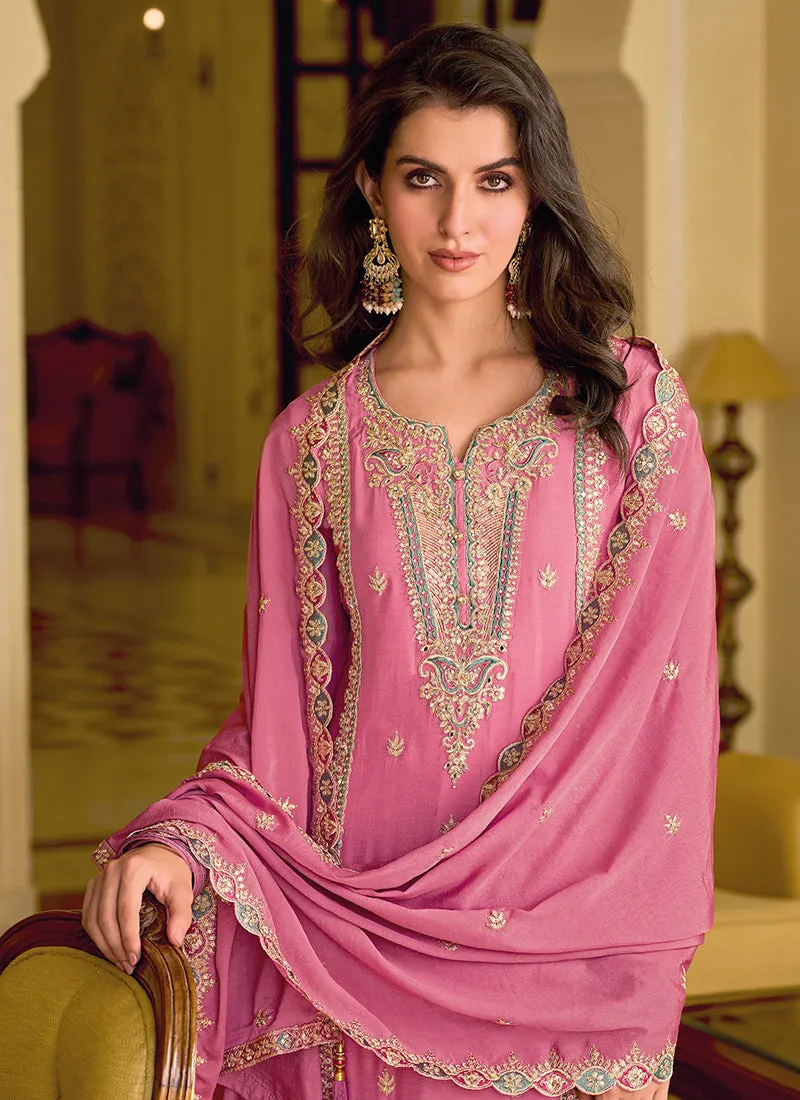 Pink Sequence Embroidery Designer Pant Style Suit
