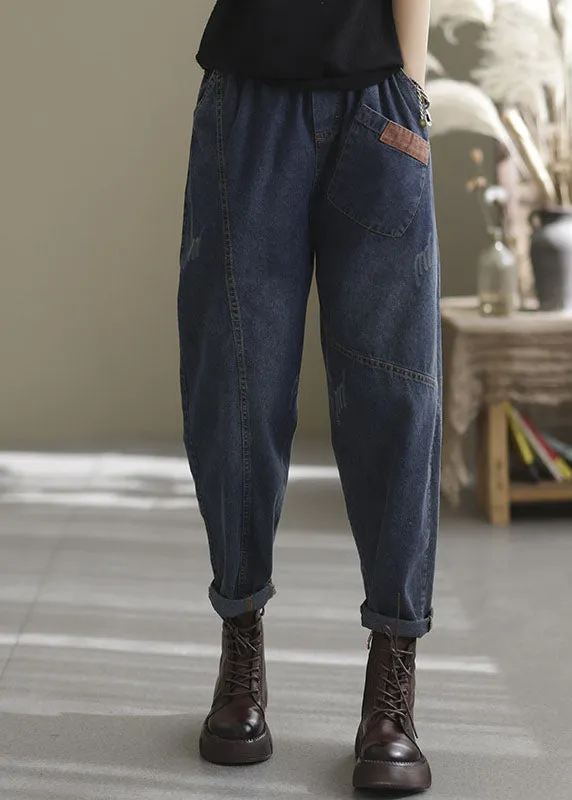 Plus Size Blue elastic waist pockets Cotton denim Pants