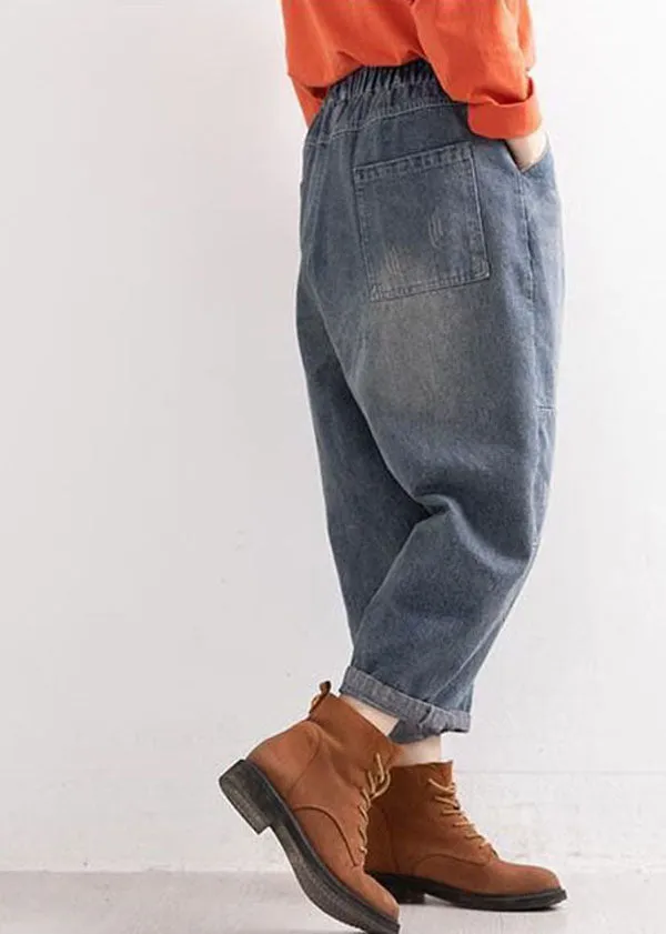 Plus Size Denim Blue Elastic Waist Pockets Patchwork Applique Cotton Harem Pants Fall