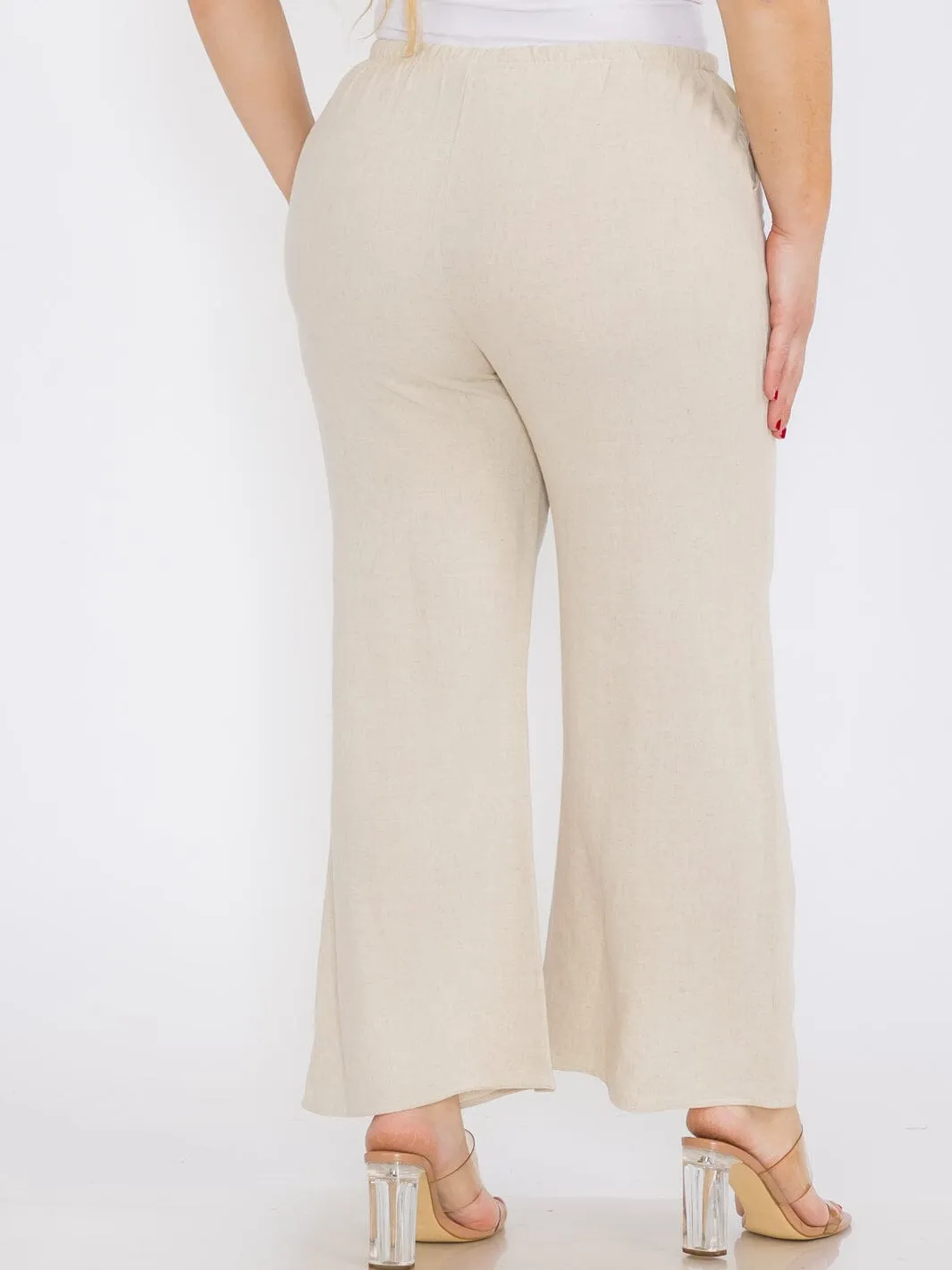 PLUS SIZE ELASTIC WAIST FRONT POCKETS WIDE LEG LINEN PANTS