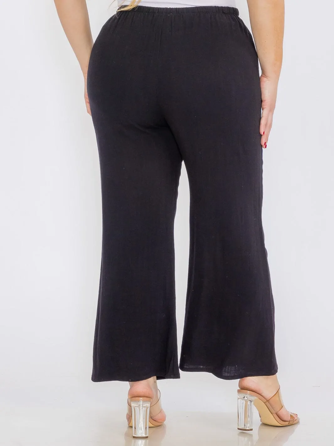 PLUS SIZE ELASTIC WAIST FRONT POCKETS WIDE LEG LINEN PANTS
