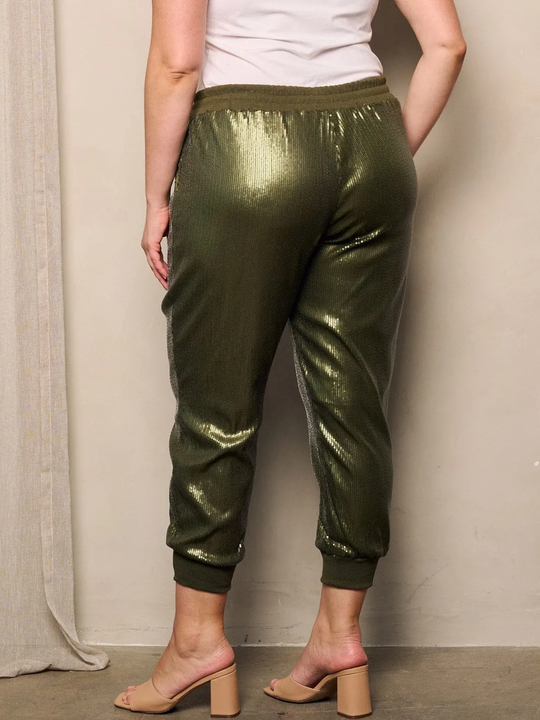 PLUS SIZE ELASTIC WAIST POCKETS SEQUINS JOGGER PANTS