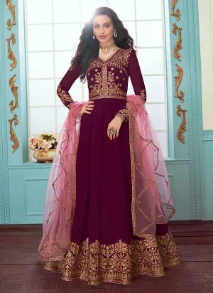 Purple And Pink Embroidered Designer Anarkali Suit