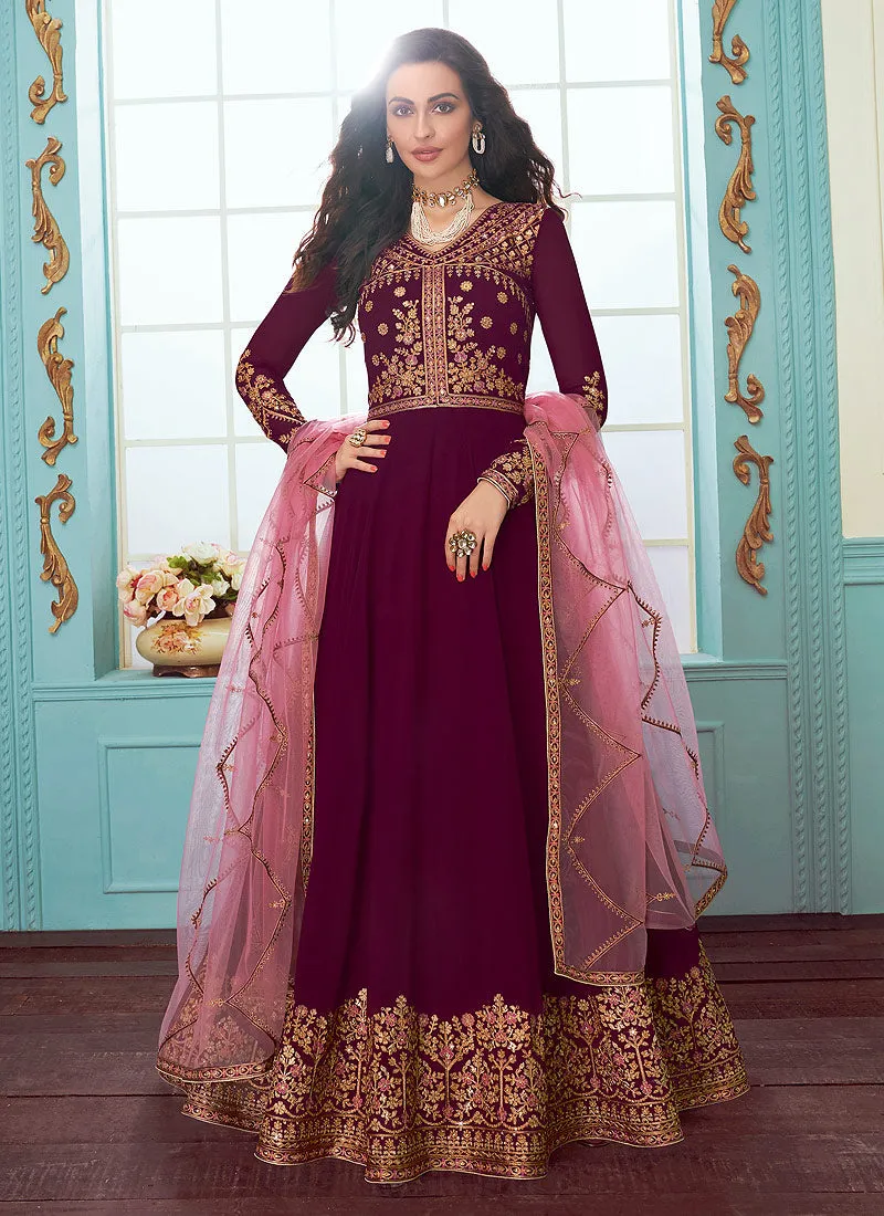 Purple And Pink Embroidered Designer Anarkali Suit