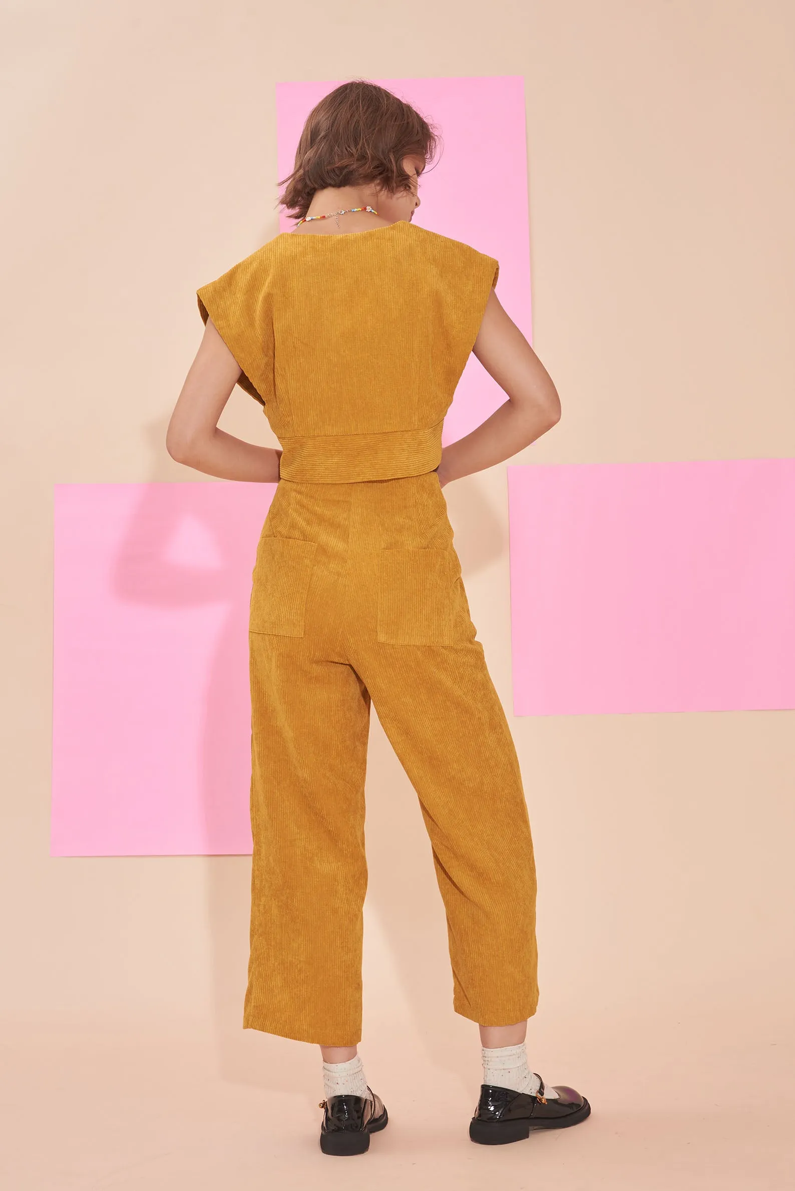 "SUNSHINE" 3/4 High Waist Culottes In Mustard Yellow Cotton Corduroy With White Contrast Buttons.