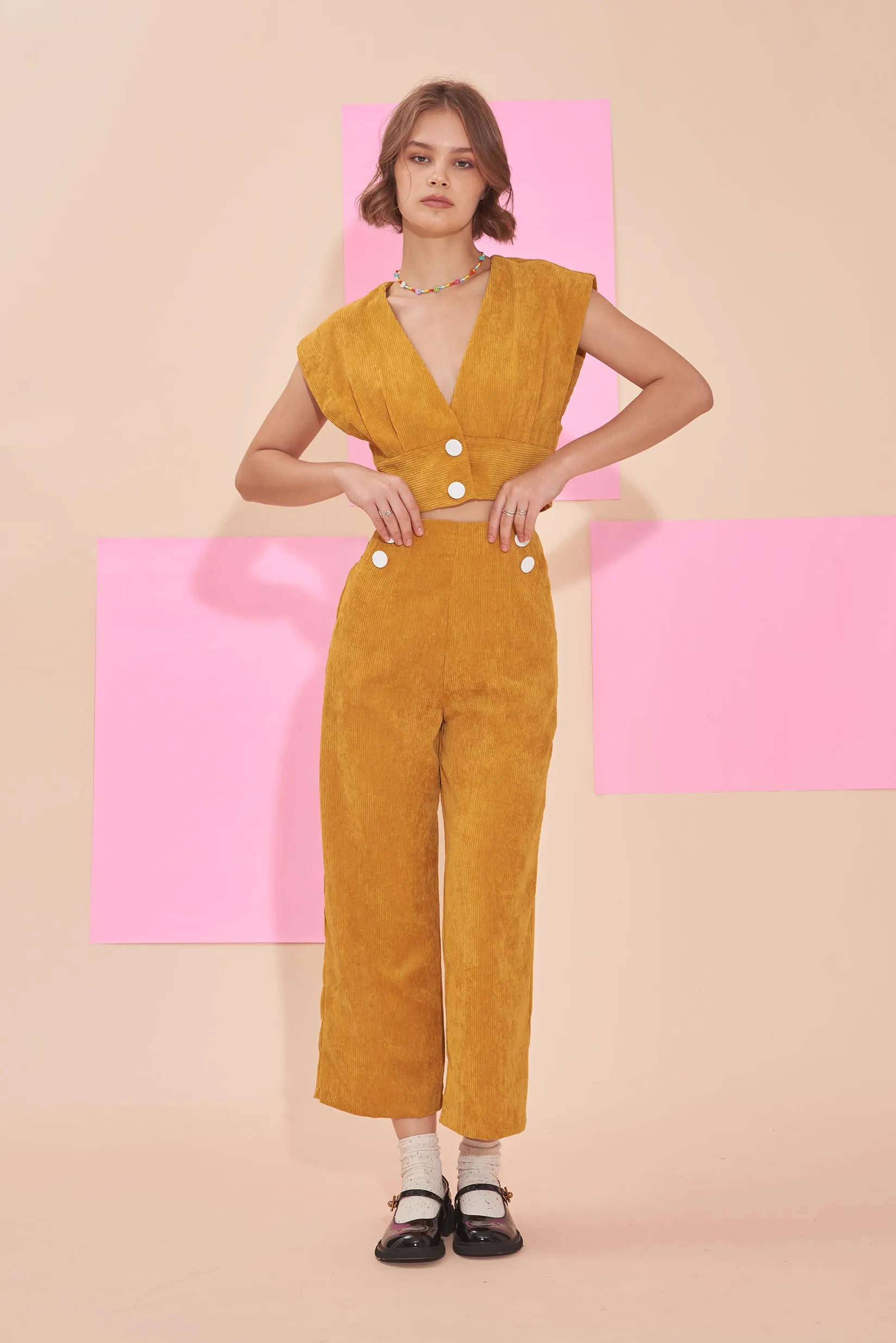 "SUNSHINE" 3/4 High Waist Culottes In Mustard Yellow Cotton Corduroy With White Contrast Buttons.