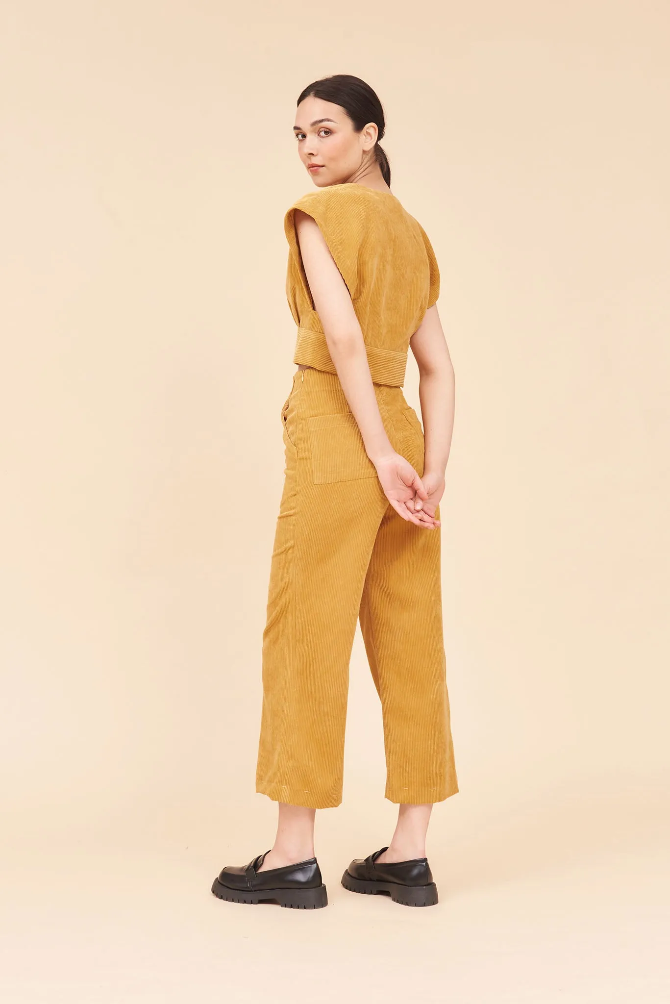 "SUNSHINE" 3/4 High Waist Culottes In Mustard Yellow Cotton Corduroy With White Contrast Buttons.