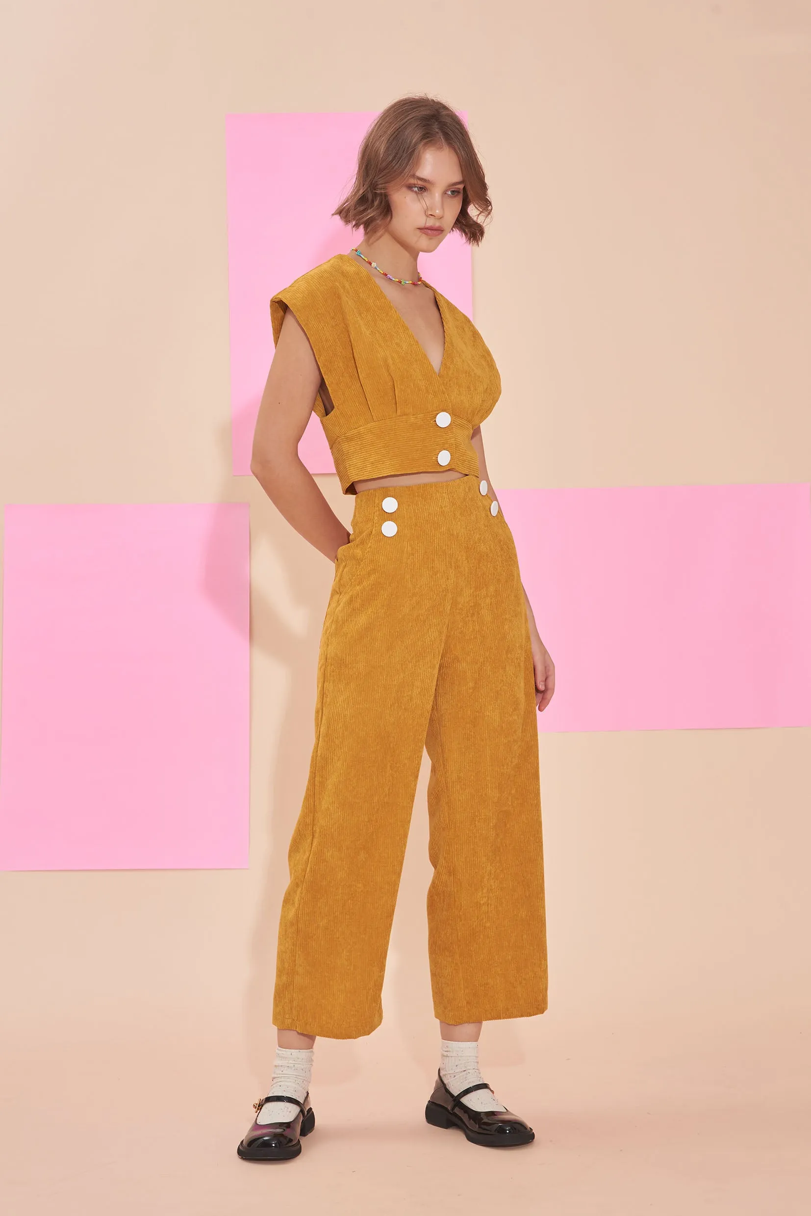 "SUNSHINE" 3/4 High Waist Culottes In Mustard Yellow Cotton Corduroy With White Contrast Buttons.