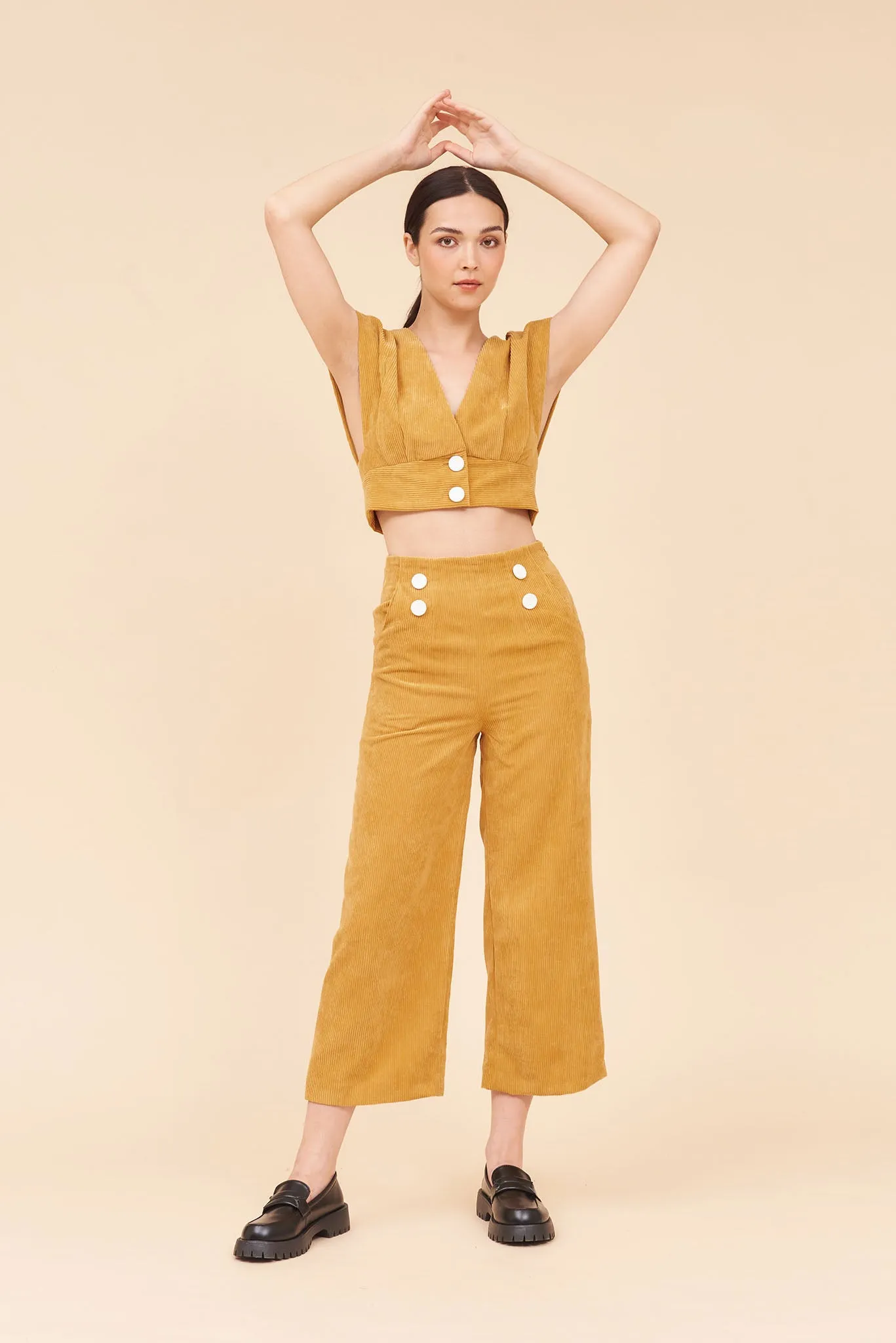 "SUNSHINE" 3/4 High Waist Culottes In Mustard Yellow Cotton Corduroy With White Contrast Buttons.