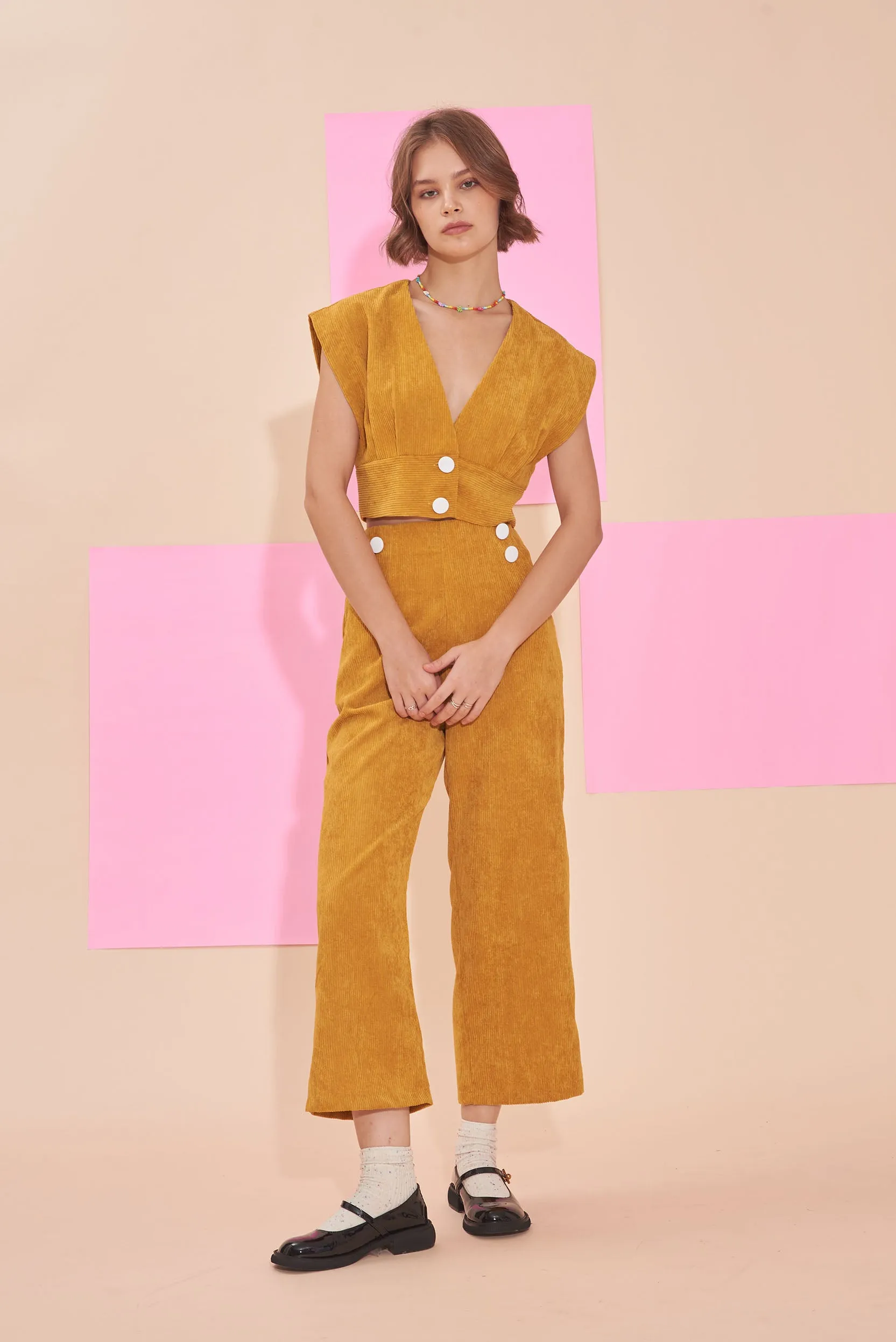 "SUNSHINE" 3/4 High Waist Culottes In Mustard Yellow Cotton Corduroy With White Contrast Buttons.